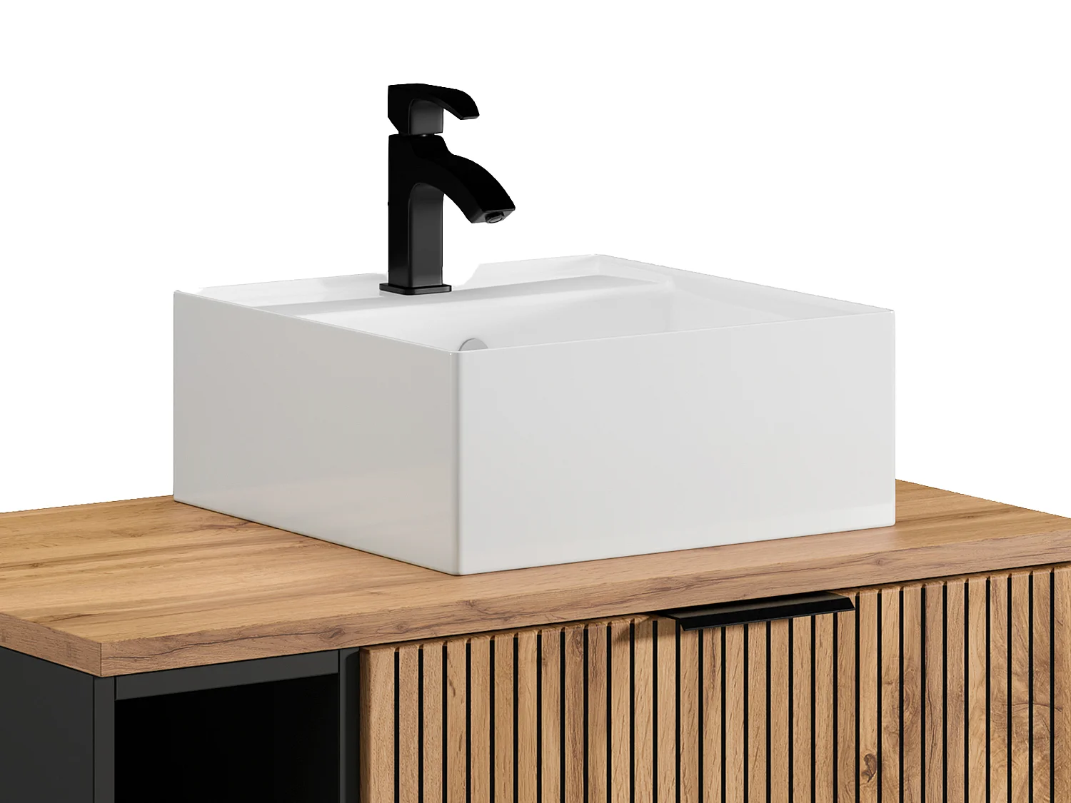 Szafka łazienkowa wisząca  ryflowana z wnękami i kwadratową umywalką nablatową - Naturalny jasny - szer. 80 cm - MADELA