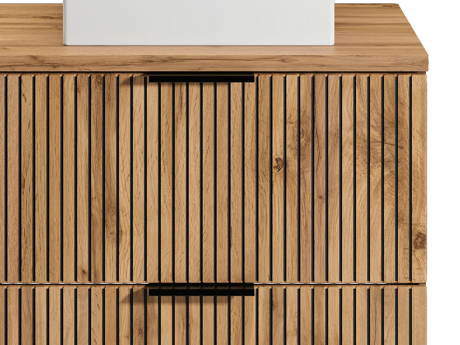 Szafka łazienkowa wisząca  ryflowana z wnękami i kwadratową umywalką nablatową - Naturalny jasny - szer. 80 cm - MADELA