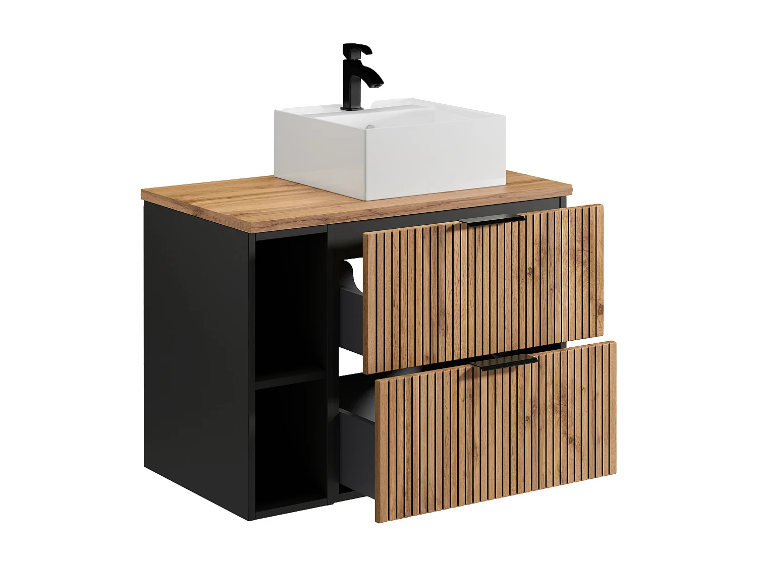 Szafka łazienkowa wisząca  ryflowana z wnękami i kwadratową umywalką nablatową - Naturalny jasny - szer. 80 cm - MADELA