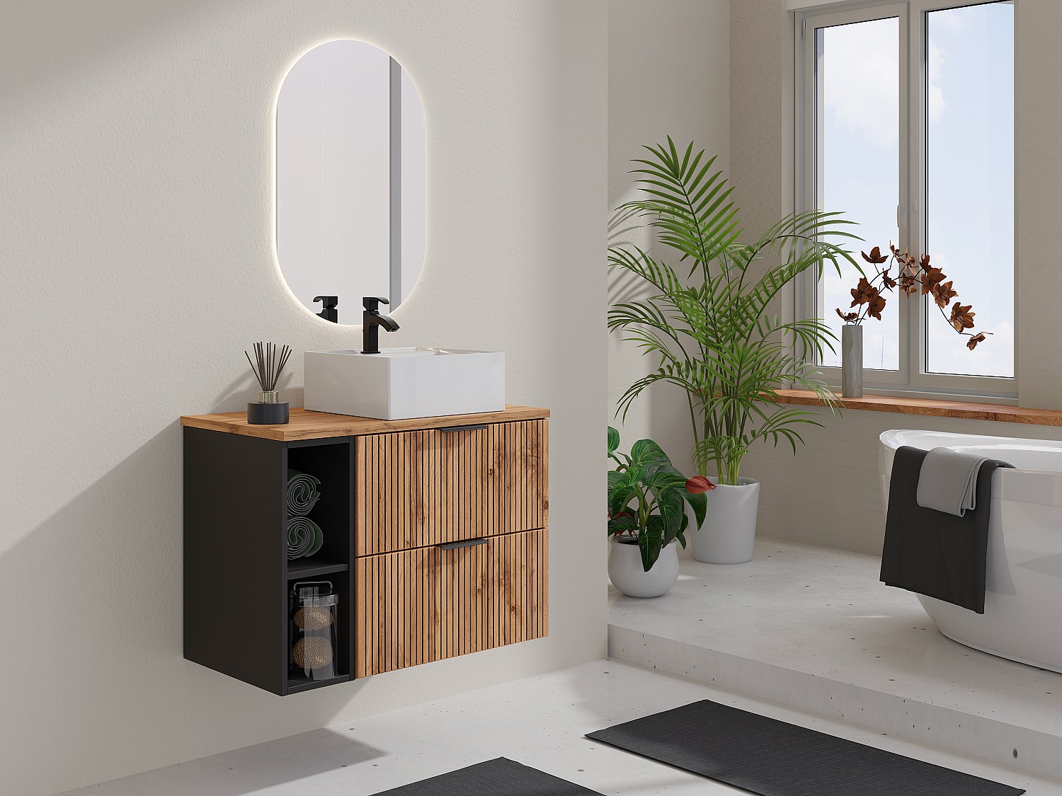 Waschbeckenunterschrank hängend mit Ablagen & Aufsatzwaschbecken quadratisc günstig online kaufen