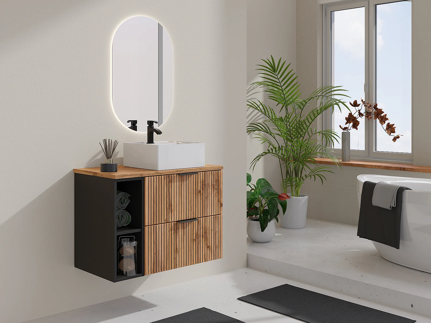 Szafka łazienkowa wisząca  ryflowana z wnękami i kwadratową umywalką nablatową - Naturalny jasny - szer. 80 cm - MADELA