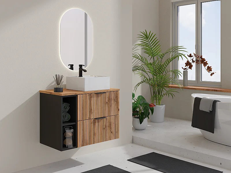 Meuble de salle de bain suspendu strié avec niches et vasque à poser carrée - Naturel clair - L80 cm - MADELA