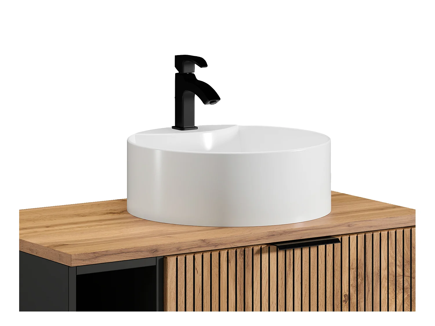 Meuble de salle de bain suspendu strié avec niches et vasque à poser ronde - Naturel clair - L80 cm - MADELA