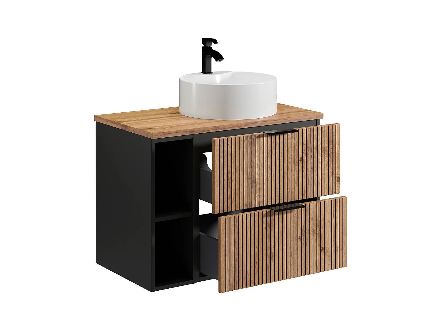 Meuble de salle de bain suspendu strié avec niches et vasque à poser ronde - Naturel clair - L80 cm - MADELA