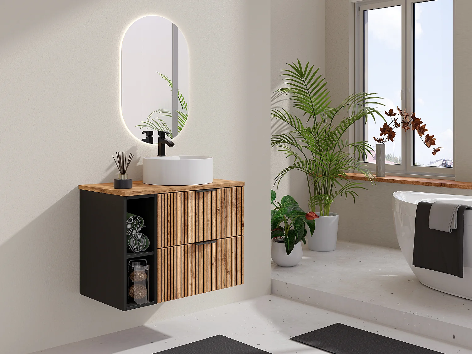 Meuble de salle de bain suspendu strié avec niches et vasque à poser ronde - Naturel clair - L80 cm - MADELA