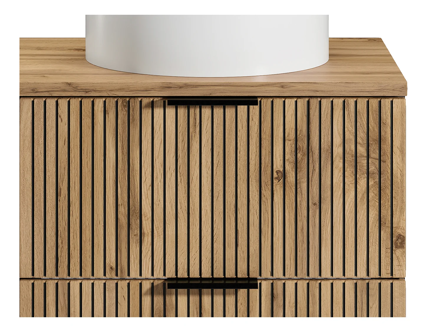 Meuble de salle de bain suspendu strié avec niches et vasque à poser ronde - Naturel clair - L80 cm - MADELA