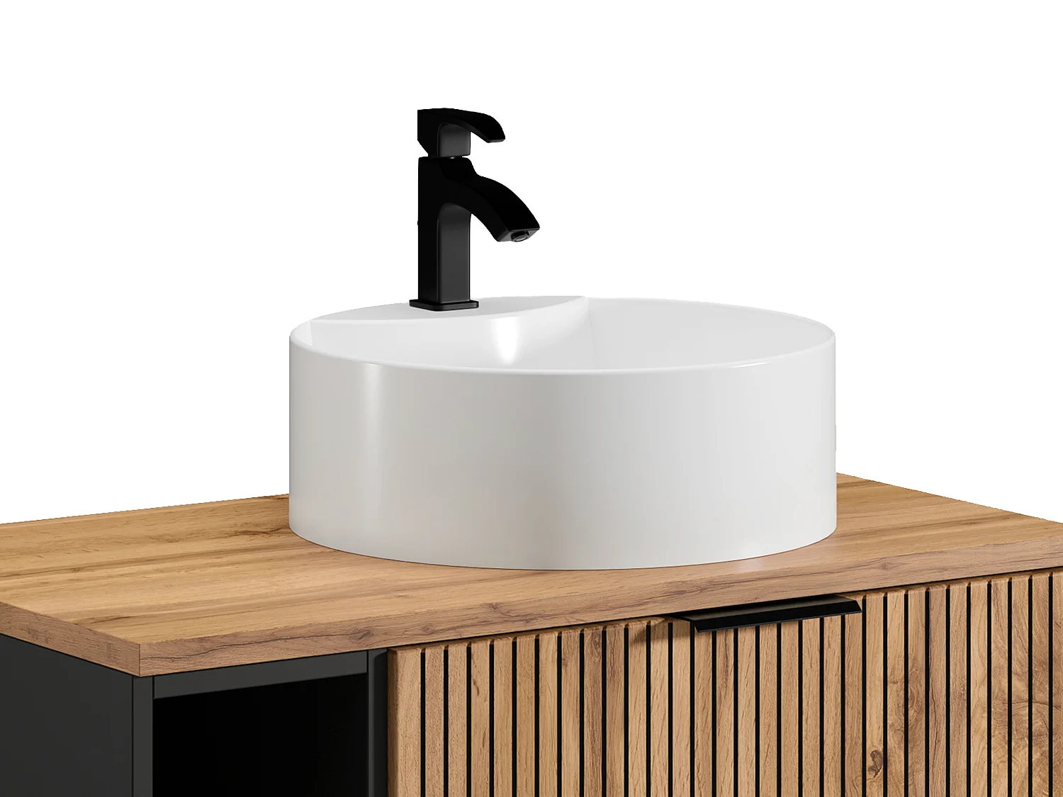 Szafka łazienkowa wisząca  ryflowana z wnękami i okrągłą umywalką nablatową - Naturalny jasny - szer. 80 cm - MADELA