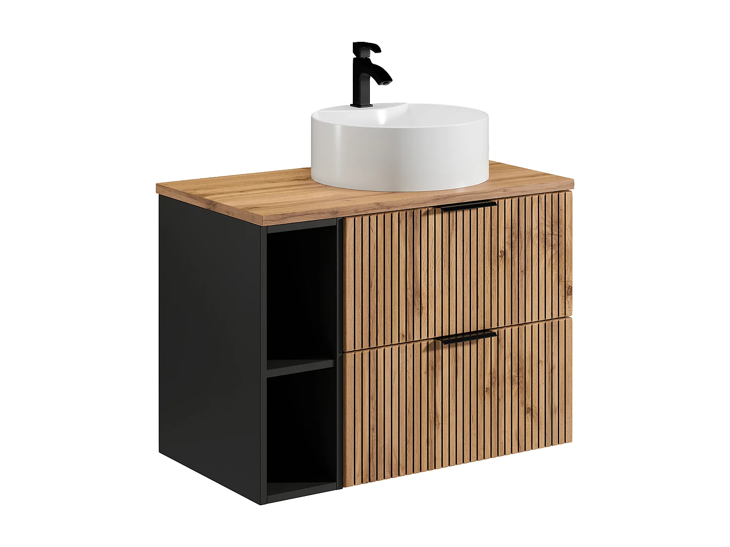 Szafka łazienkowa wisząca  ryflowana z wnękami i okrągłą umywalką nablatową - Naturalny jasny - szer. 80 cm - MADELA