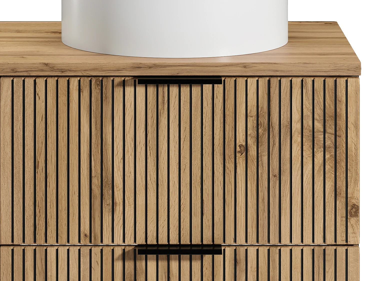 Szafka łazienkowa wisząca  ryflowana z wnękami i okrągłą umywalką nablatową - Naturalny jasny - szer. 80 cm - MADELA