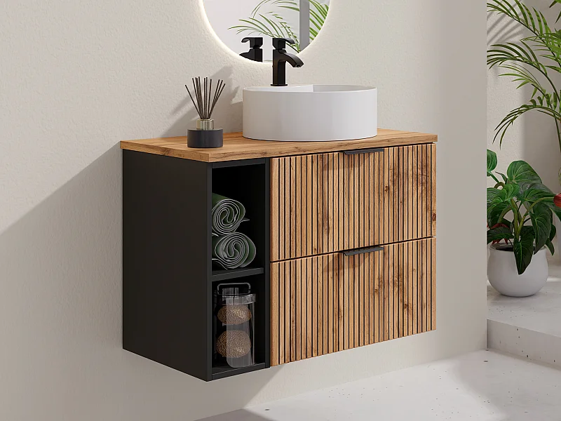 Mobile per bagno sospeso scanalature con nicchie e lavabo da appoggio tondo L80cm  Naturale chiaro - MADELA