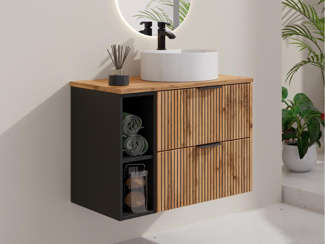 Meuble de salle de bain suspendu strié avec niches et vasque à poser ronde - Naturel clair - L80 cm - MADELA