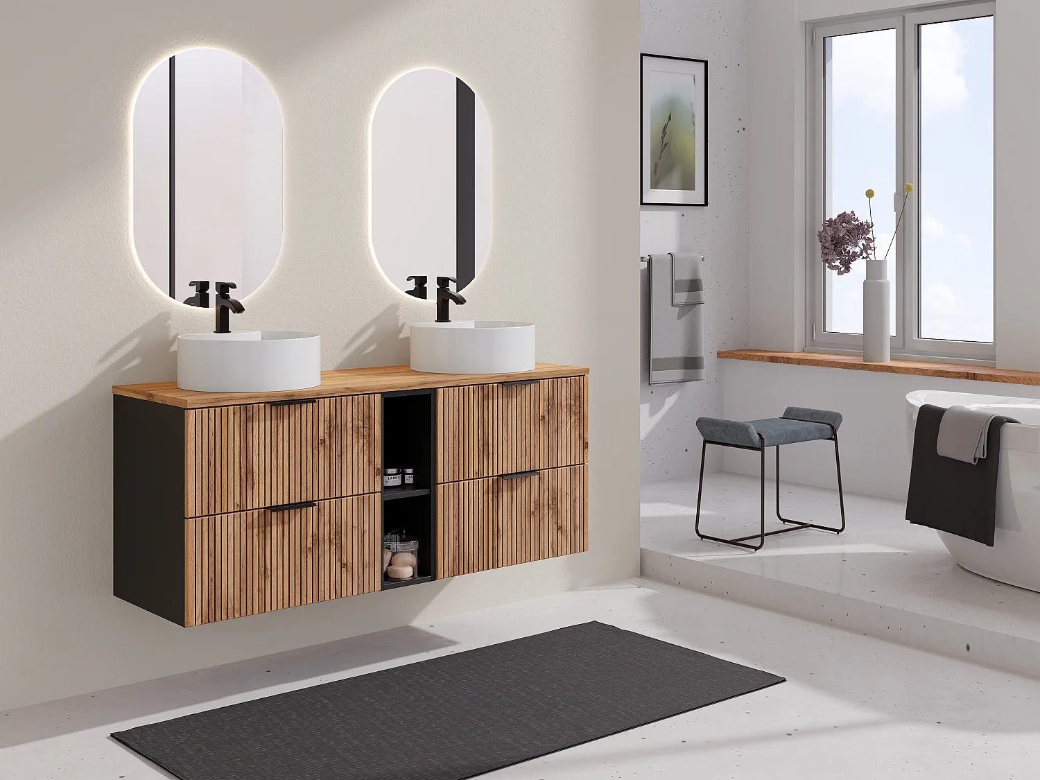 Móvel para colocar sob o lavatório suspenso estriado com nichos natural claro C140 cm - MADELA