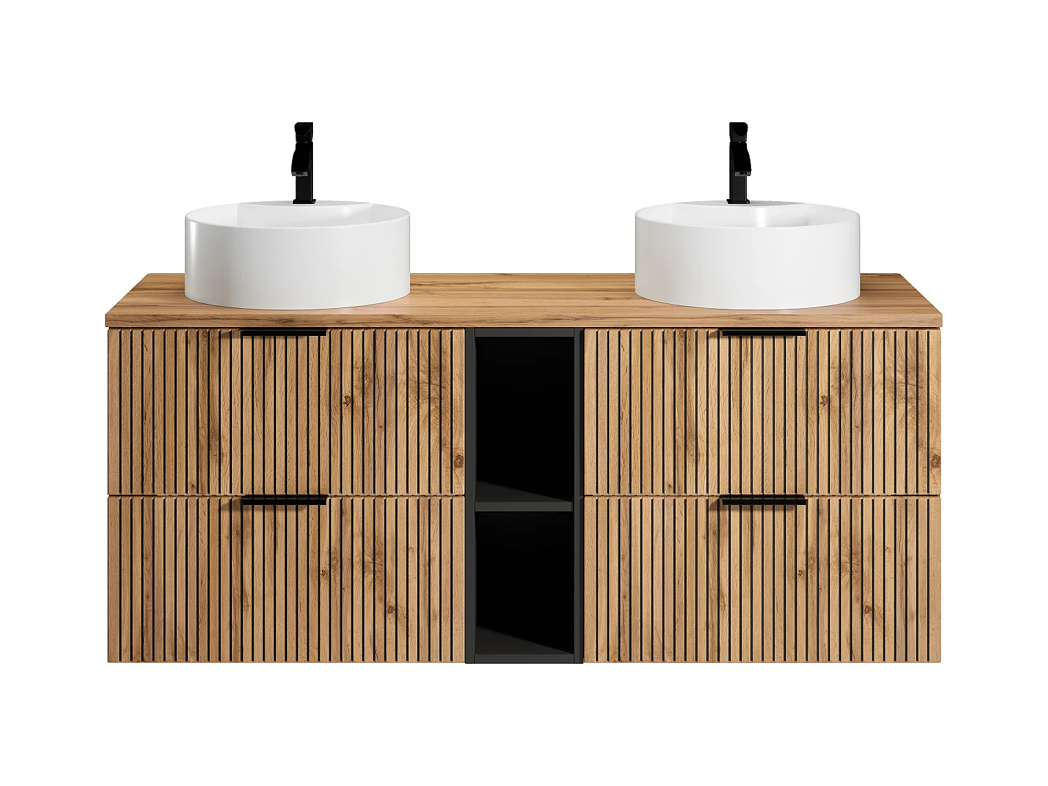 Waschbeckenunterschrank hängend mit Ablagen & Doppelaufsatzwaschbecken rund - Streifenoptik - Holzfarben hell - 140 cm - MADELA