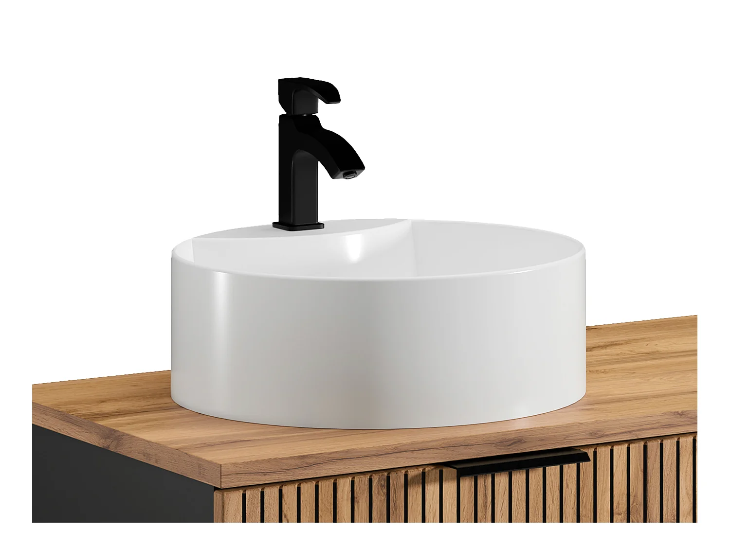 Waschbeckenunterschrank hängend mit Ablagen & Doppelaufsatzwaschbecken rund - Streifenoptik - Holzfarben hell - 140 cm - MADELA