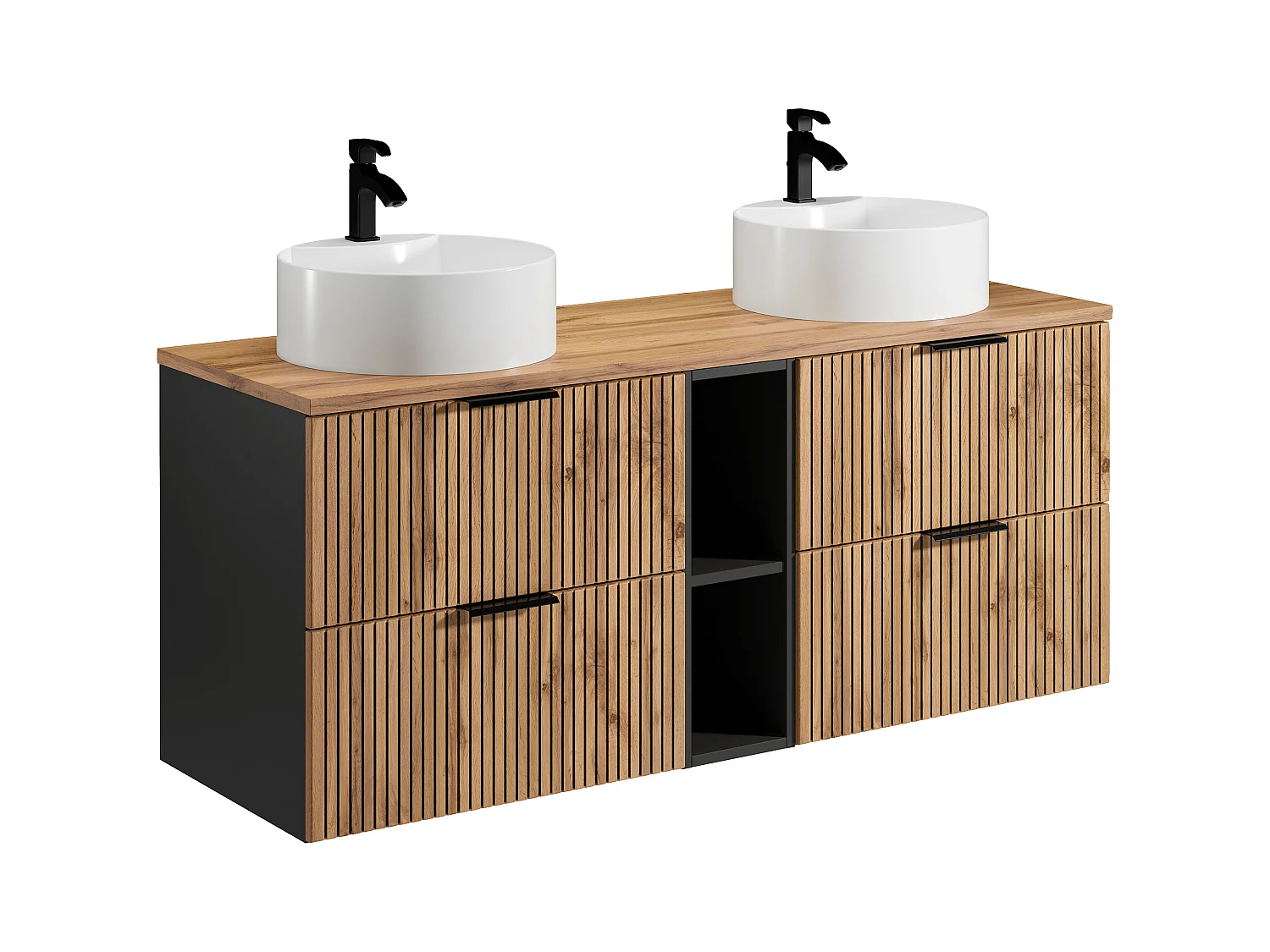 Waschbeckenunterschrank hängend mit Ablagen & Doppelaufsatzwaschbecken rund - Streifenoptik - Holzfarben hell - 140 cm - MADELA