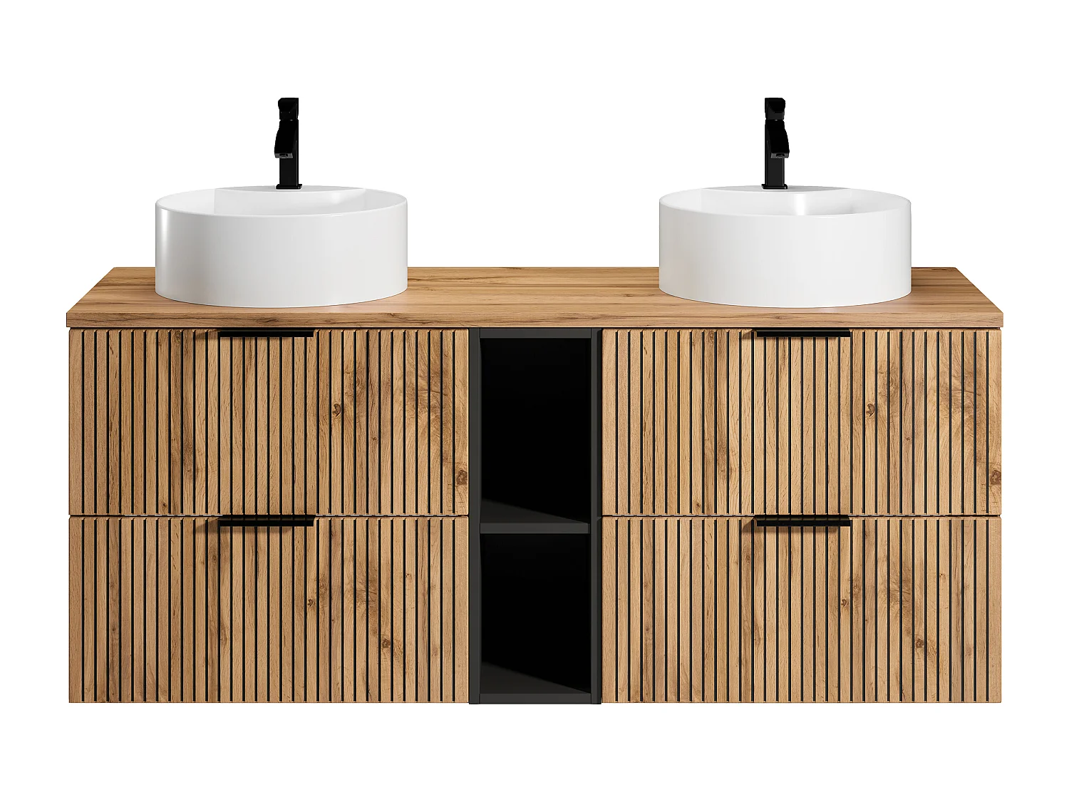 Meuble de salle de bain suspendu strié avec niches et double vasque à poser ronde - Naturel clair - L140 cm - MADELA