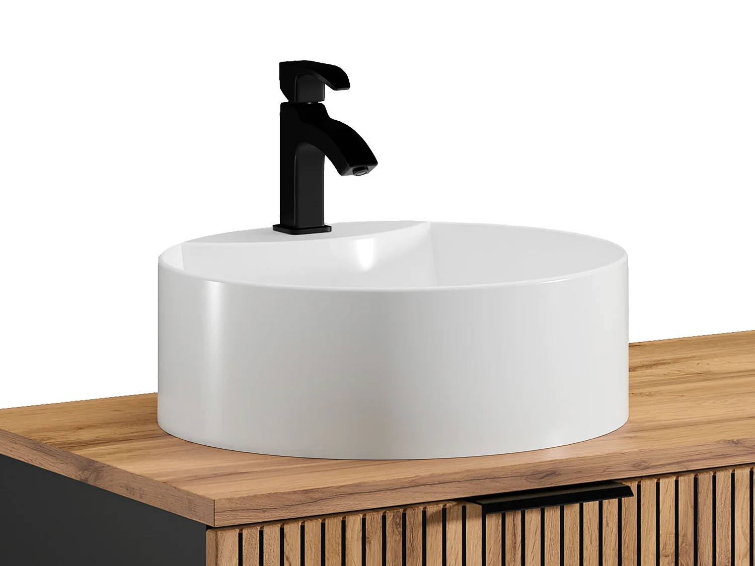 Meuble de salle de bain suspendu strié avec niches et double vasque à poser ronde - Naturel clair - L140 cm - MADELA