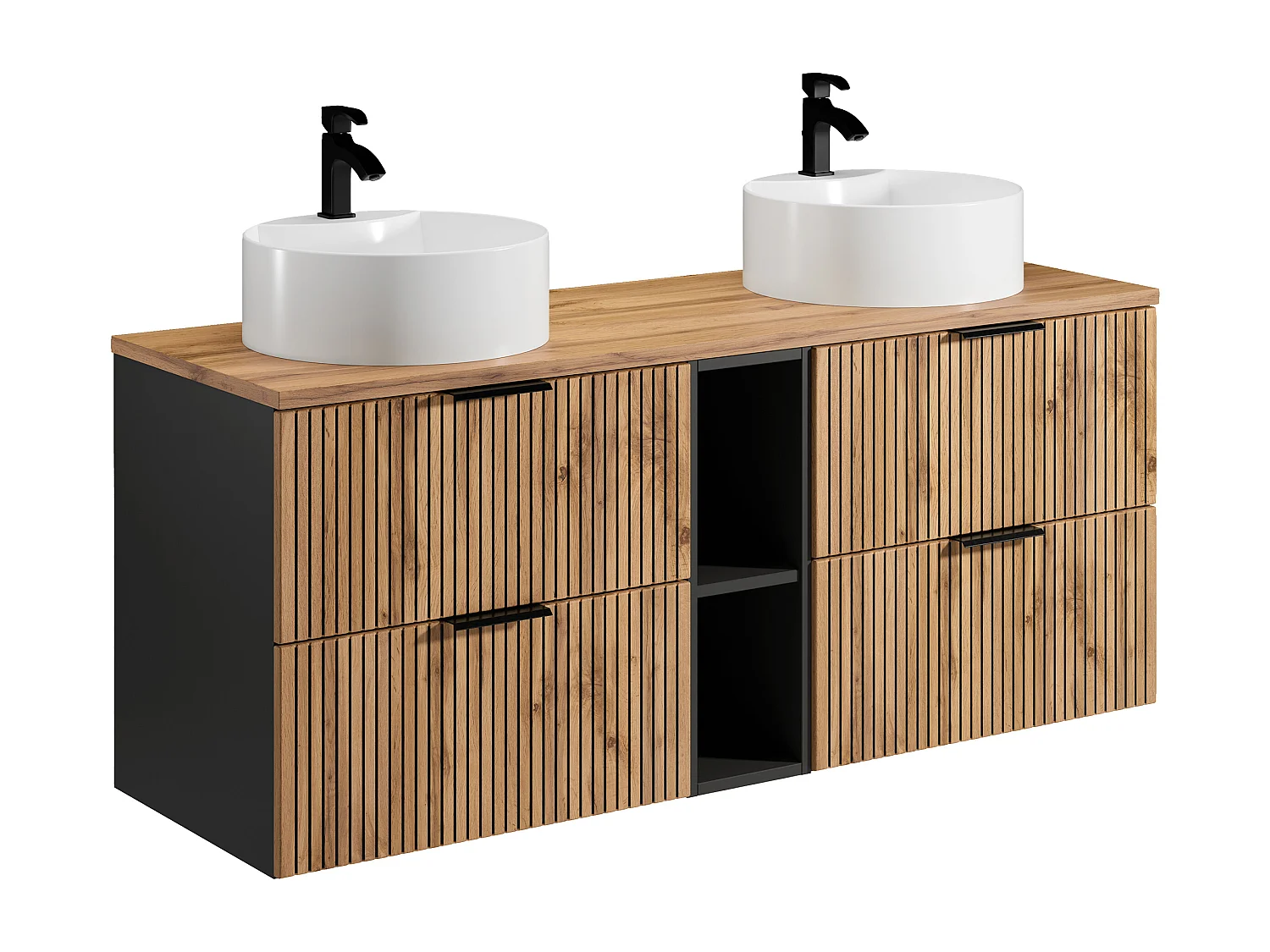 Meuble de salle de bain suspendu strié avec niches et double vasque à poser ronde - Naturel clair - L140 cm - MADELA