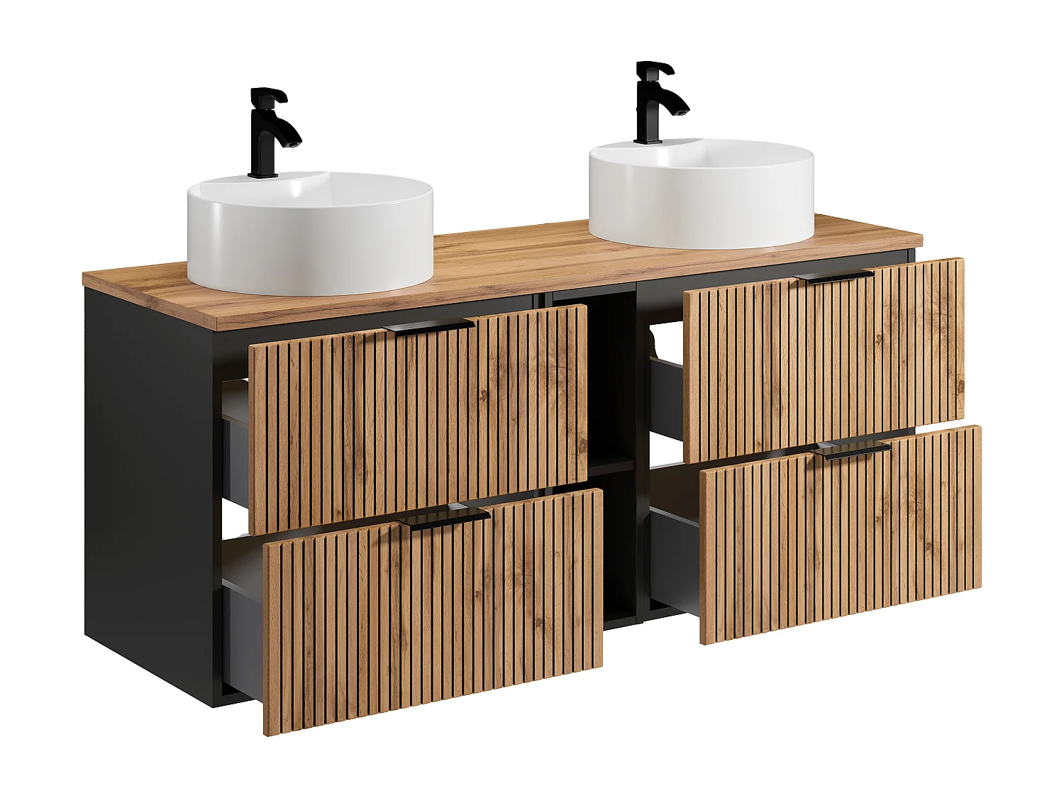 Meuble de salle de bain suspendu strié avec niches et double vasque à poser ronde - Naturel clair - L140 cm - MADELA