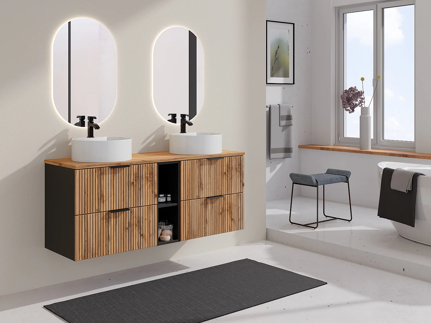 Meuble de salle de bain suspendu strié avec niches et double vasque à poser ronde - Naturel clair - L140 cm - MADELA