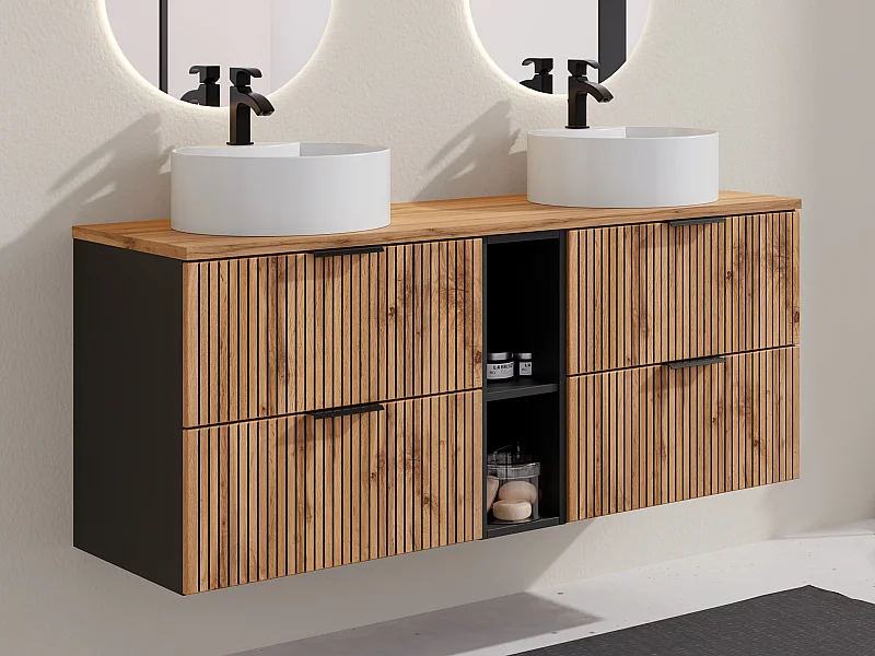 Mobile per bagno sospeso scanalature nicchie lavabo doppio da appoggio tondo L140cm  Naturale chiaro - MADELA