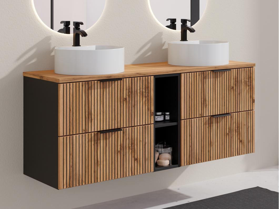 Meuble de salle de bain suspendu strié avec niches et double vasque à poser ronde - Naturel clair - L140 cm - MADELA