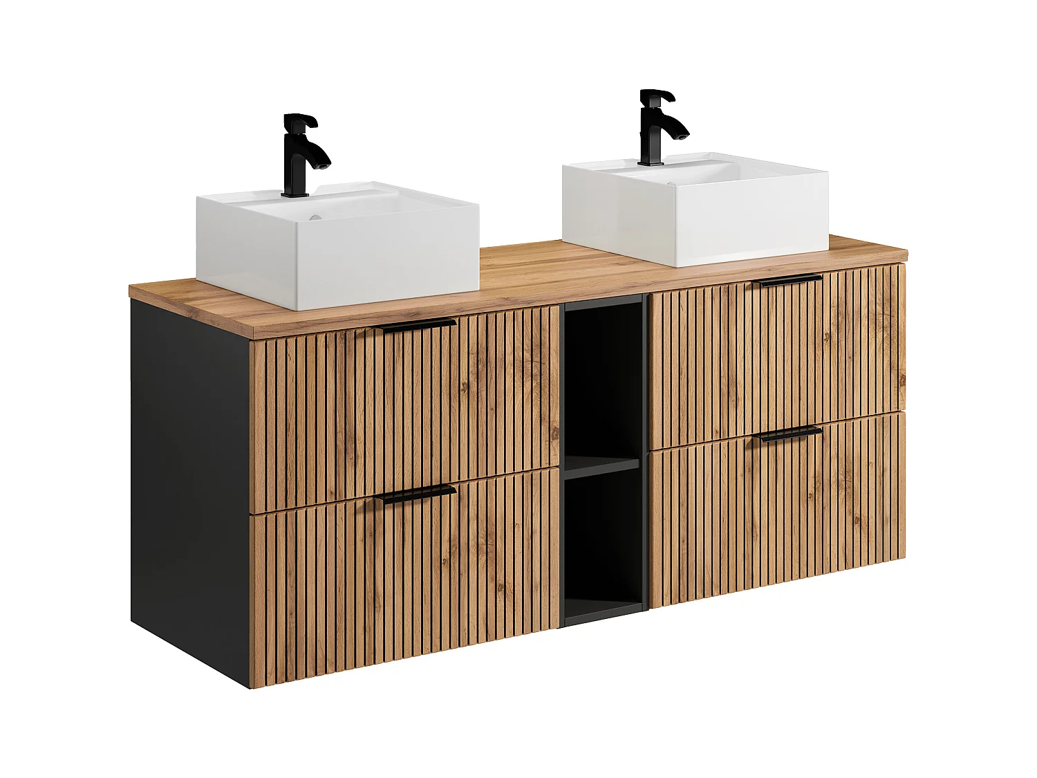 Meuble de salle de bain suspendu strié avec niches et double vasque à poser carrée - Naturel clair - L140 cm - MADELA