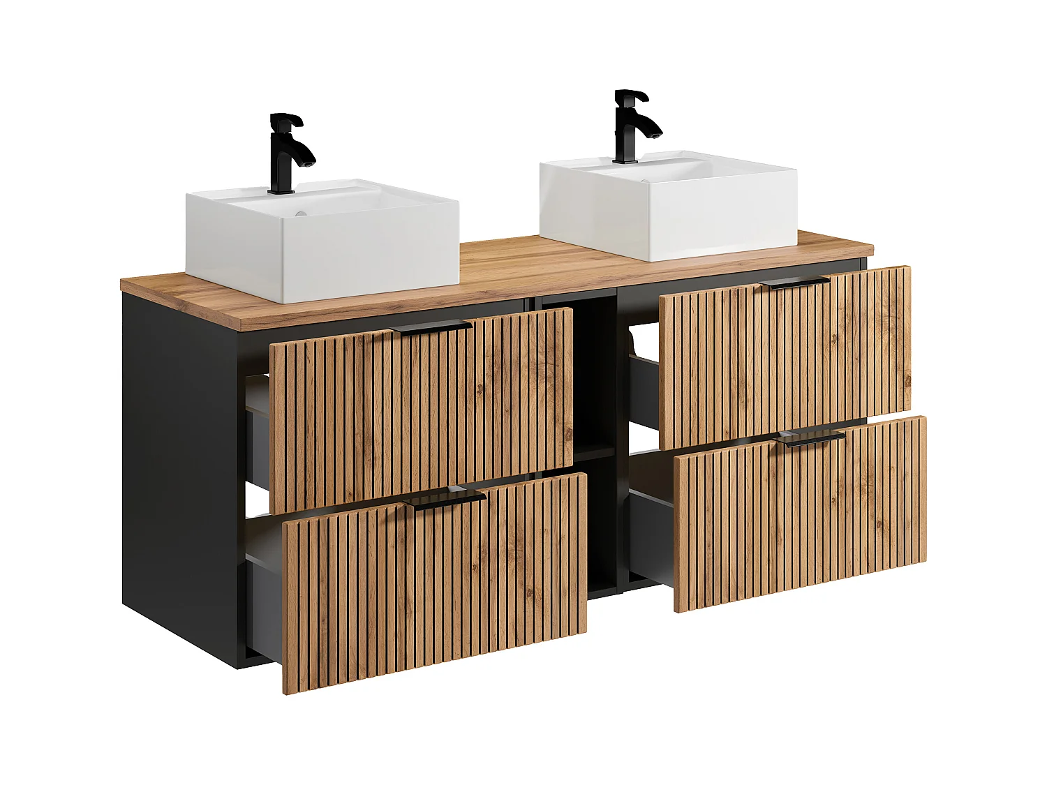 Meuble de salle de bain suspendu strié avec niches et double vasque à poser carrée - Naturel clair - L140 cm - MADELA