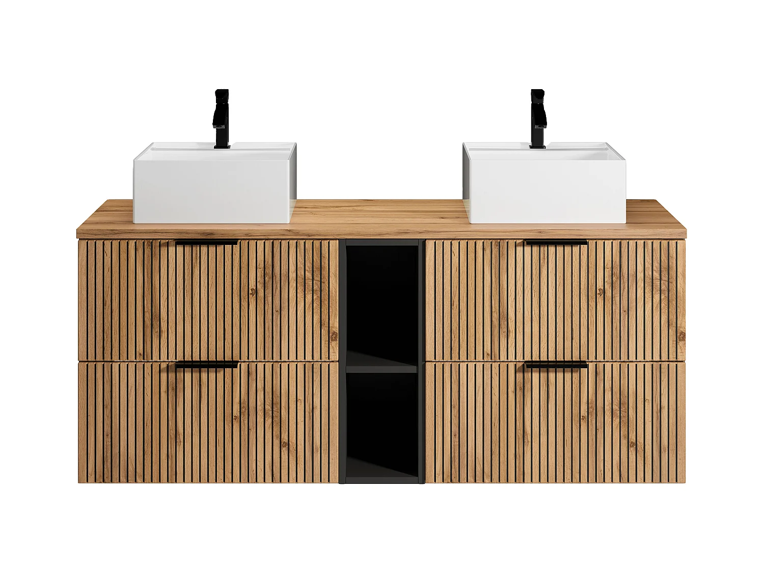 Meuble de salle de bain suspendu strié avec niches et double vasque à poser carrée - Naturel clair - L140 cm - MADELA