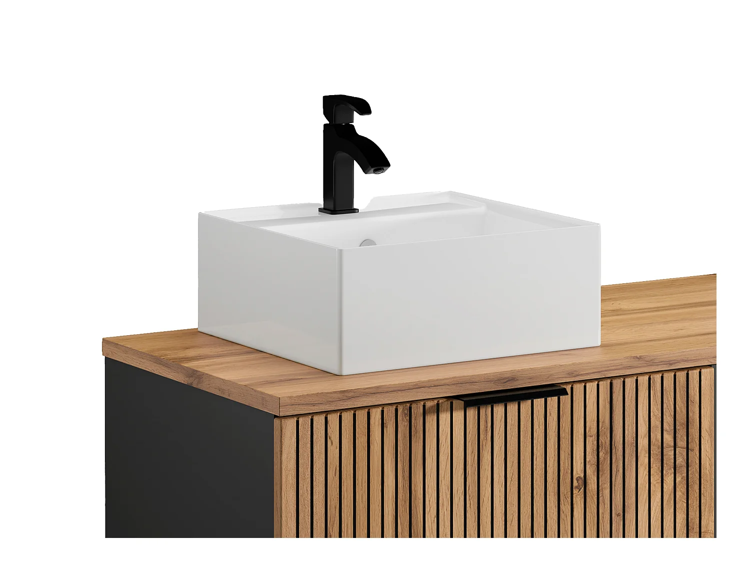 Meuble de salle de bain suspendu strié avec niches et double vasque à poser carrée - Naturel clair - L140 cm - MADELA