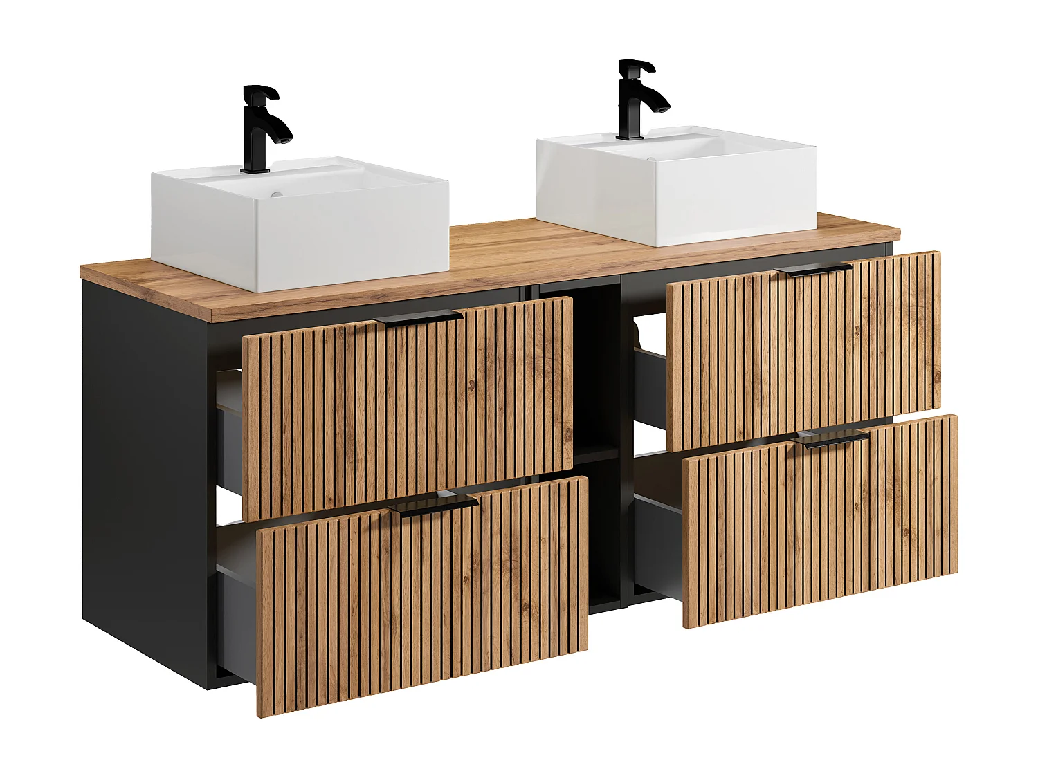 Meuble de salle de bain suspendu strié avec niches et double vasque à poser carrée - Naturel clair - L140 cm - MADELA