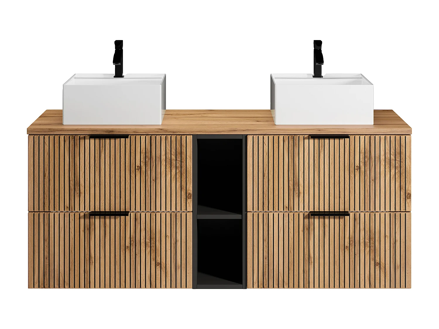 Meuble de salle de bain suspendu strié avec niches et double vasque à poser carrée - Naturel clair - L140 cm - MADELA