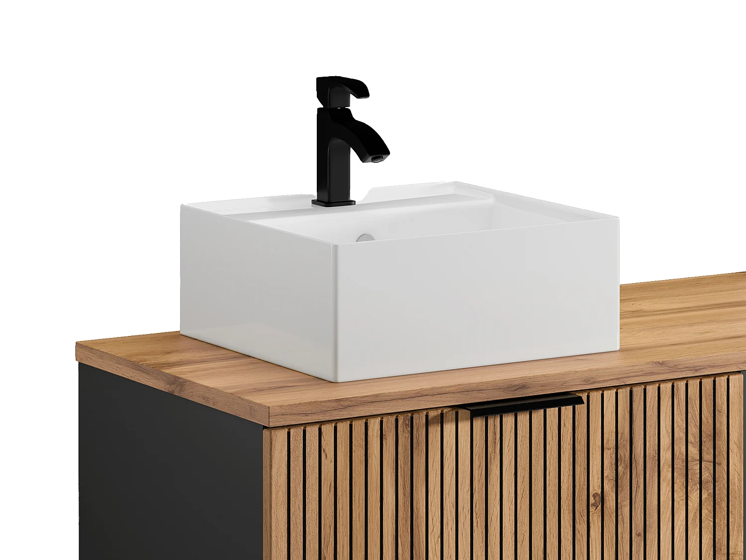 Meuble de salle de bain suspendu strié avec niches et double vasque à poser carrée - Naturel clair - L140 cm - MADELA