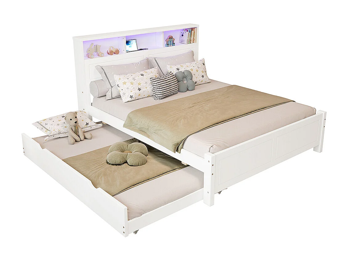 Lit gigogne 120x200 et 90x190 cm lit bas avec éclairage LED et prise USB intégrée avec rangements dans la tête de lit en pin et MDF blanc
