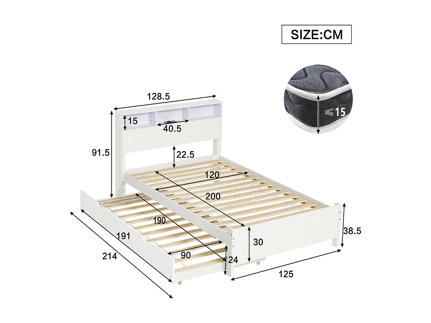 Lit gigogne 120x200 et 90x190 cm lit bas avec éclairage LED et prise USB intégrée avec rangements dans la tête de lit en pin et MDF blanc