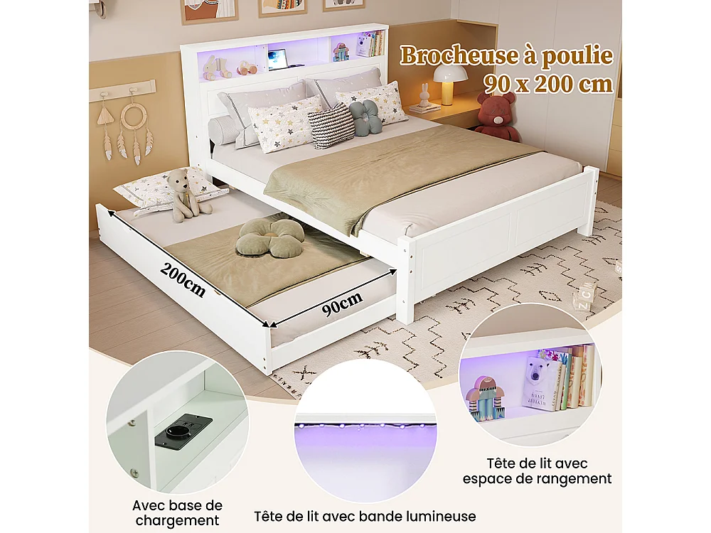 Lit gigogne 120x200 et 90x190 cm lit bas avec éclairage LED et prise USB intégrée avec rangements dans la tête de lit en pin et MDF blanc
