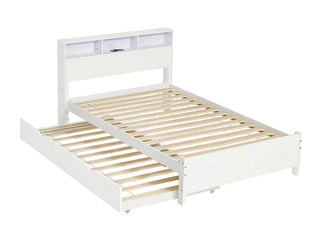 Lit gigogne 120x200 et 90x190 cm lit bas avec éclairage LED et prise USB intégrée avec rangements dans la tête de lit en pin et MDF blanc