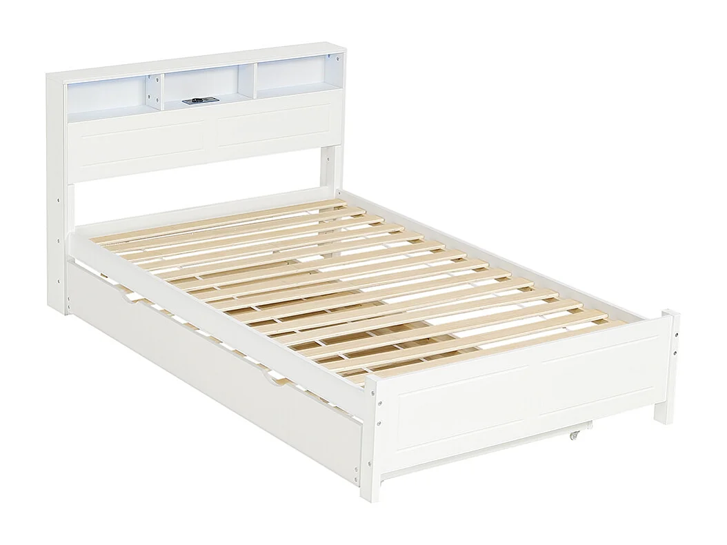 Lit gigogne 120x200 et 90x190 cm lit bas avec éclairage LED et prise USB intégrée avec rangements dans la tête de lit en pin et MDF blanc