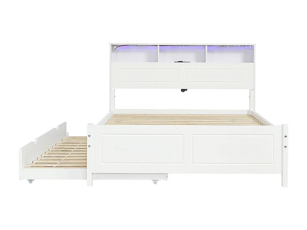 Lit gigogne 120x200 et 90x190 cm lit bas avec éclairage LED et prise USB intégrée avec rangements dans la tête de lit en pin et MDF blanc