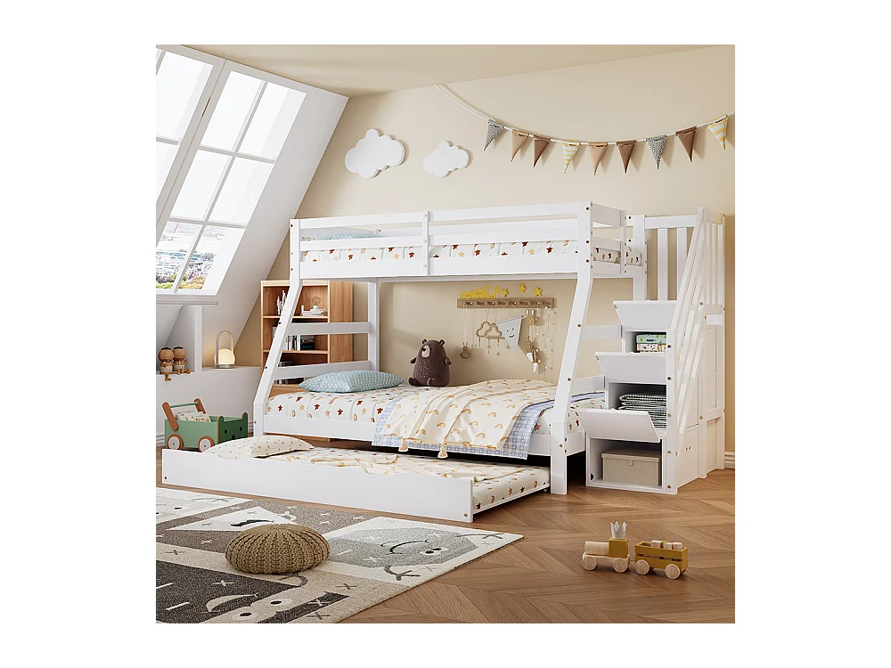 Lit superposé 90/120x200 avec lit gigogne 90x190 lit enfant avec échelle et main courante barrières de sécurité sur tous les côtés en pin et MDF blanc