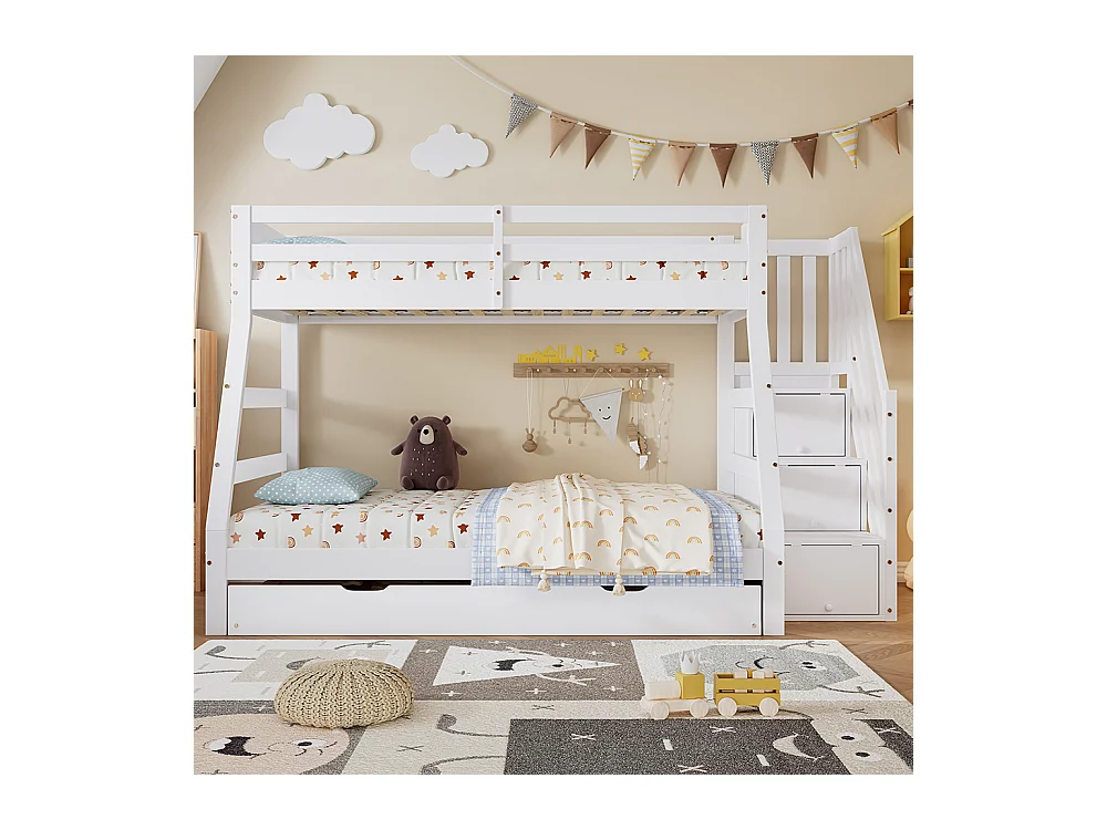 Lit superposé 90/120x200 avec lit gigogne 90x190 lit enfant avec échelle et main courante barrières de sécurité sur tous les côtés en pin et MDF blanc