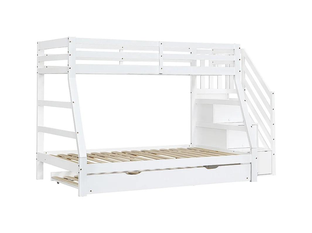 Lit superposé 90/120x200 avec lit gigogne 90x190 lit enfant avec échelle et main courante barrières de sécurité sur tous les côtés en pin et MDF blanc