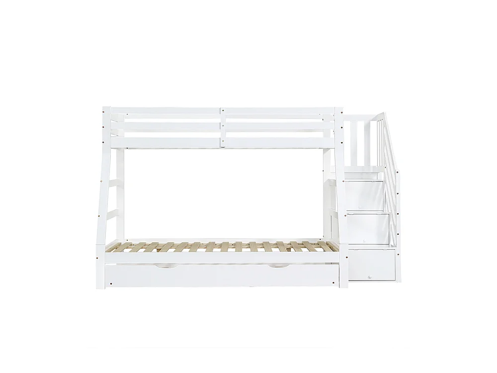 Lit superposé 90/120x200 avec lit gigogne 90x190 lit enfant avec échelle et main courante barrières de sécurité sur tous les côtés en pin et MDF blanc