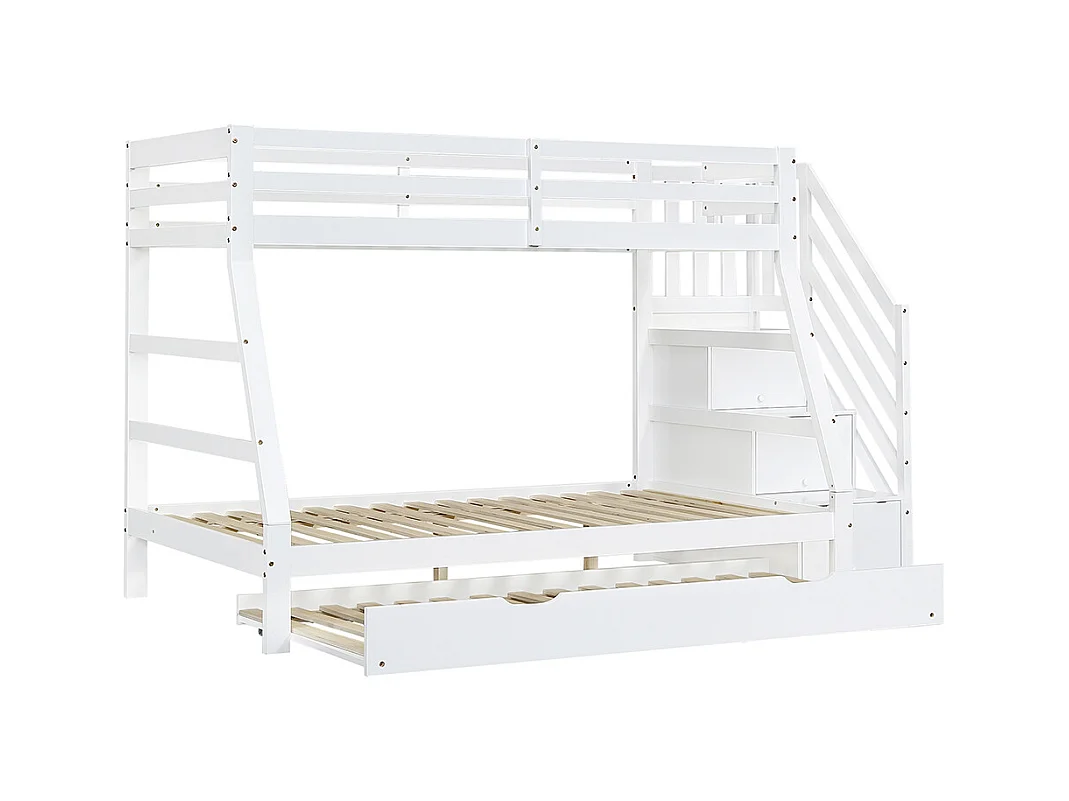 Lit superposé 90/120x200 avec lit gigogne 90x190 lit enfant avec échelle et main courante barrières de sécurité sur tous les côtés en pin et MDF blanc