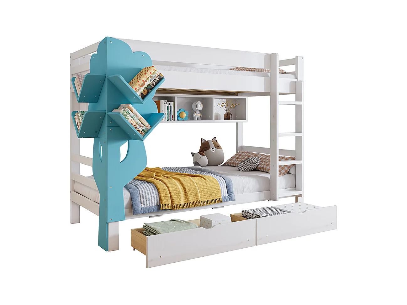 Stapelbed 90x200 met boekenkast in de vorm van een boom, open rekken, twee lades op wieltjes met veiligheidshek van grenenhout en wit en blauw MDF