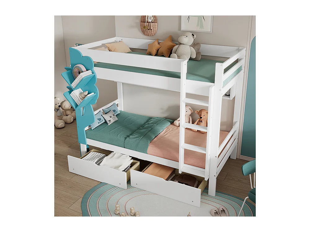 Stapelbed 90x200 met boekenkast in de vorm van een boom, open rekken, twee lades op wieltjes met veiligheidshek van grenenhout en wit en blauw MDF