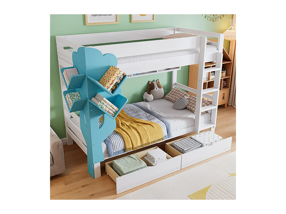 Stapelbed 90x200 met boekenkast in de vorm van een boom, open rekken, twee lades op wieltjes met veiligheidshek van grenenhout en wit en blauw MDF