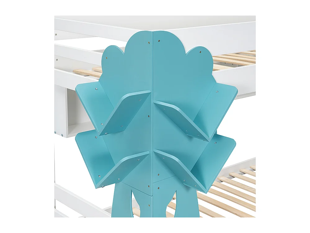 Stapelbed 90x200 met boekenkast in de vorm van een boom, open rekken, twee lades op wieltjes met veiligheidshek van grenenhout en wit en blauw MDF