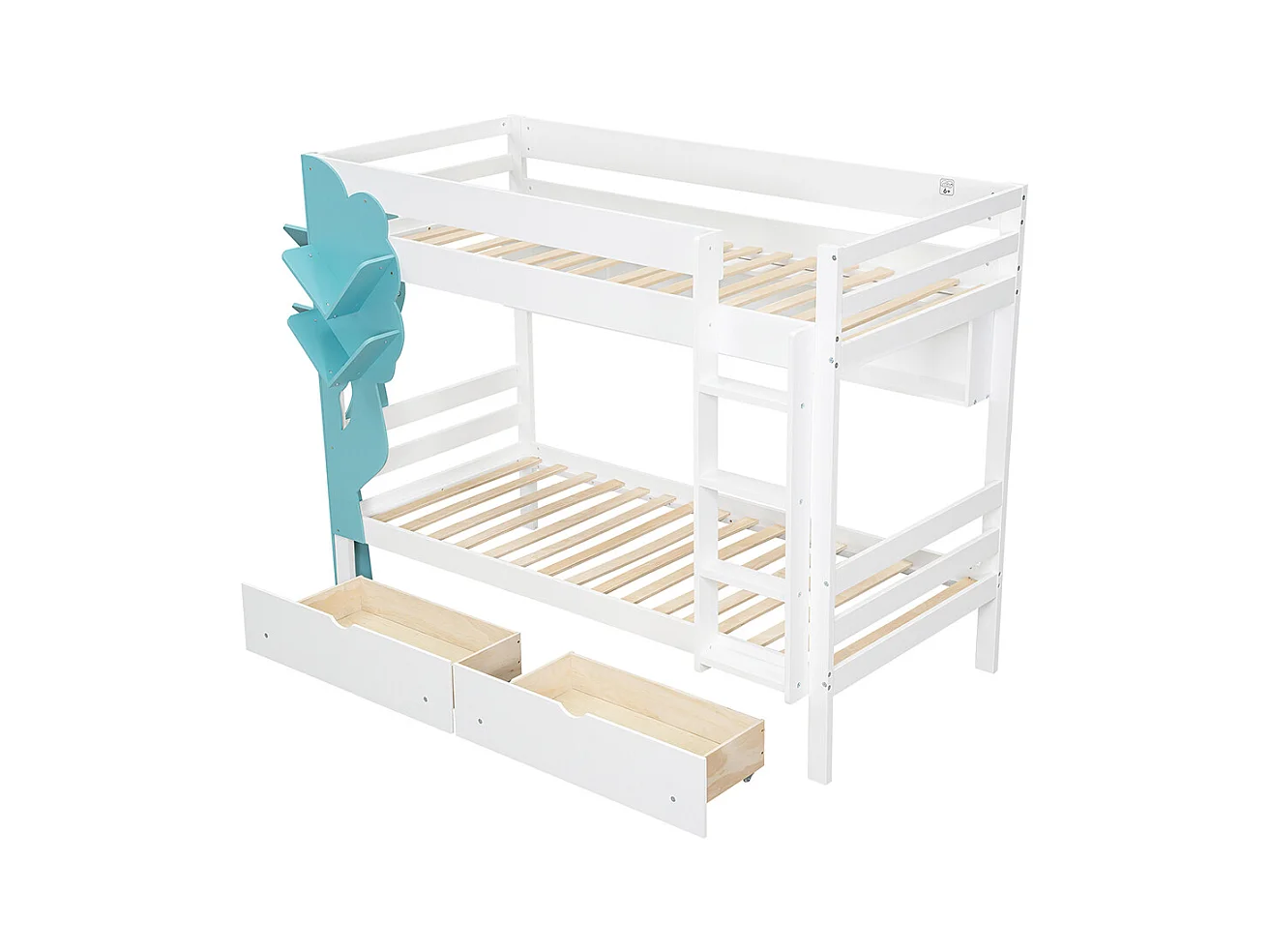 Stapelbed 90x200 met boekenkast in de vorm van een boom, open rekken, twee lades op wieltjes met veiligheidshek van grenenhout en wit en blauw MDF