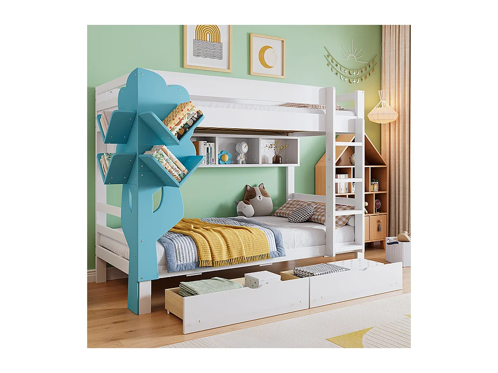 Lit superposé 90x200 avec bibliothèque en forme d’arbre rayonnage ouvert deux tiroirs sur roulettes avec barrière de sécurité en pin et MDF blanc et bleu